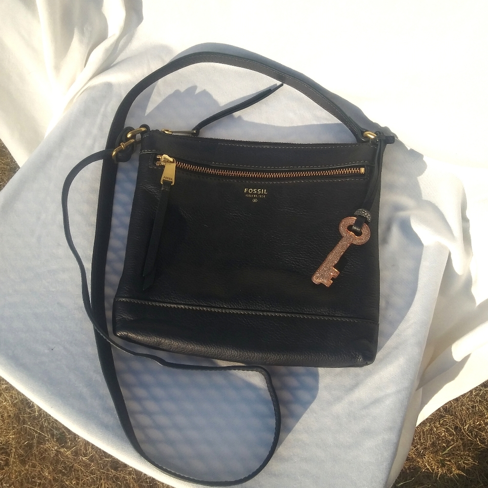 Black Fossil Cow Hide Leather Crossbag